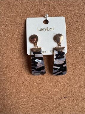 Black and Gray Patterned Drop Earrings with Gold Accents